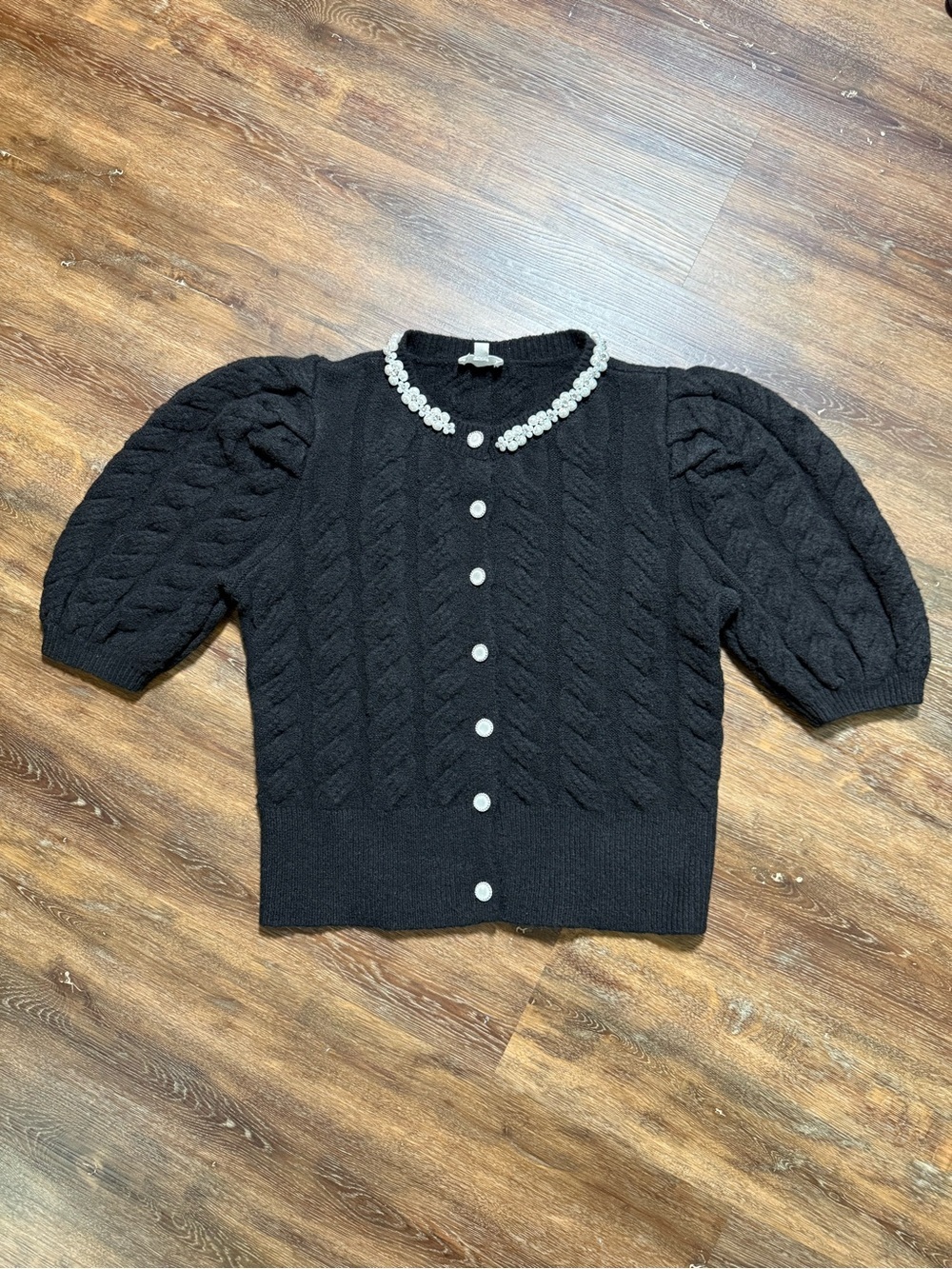 Sugarlips | Pearl Embellished Cable Puff Sleeve Knit Cardigan | Black | Size M